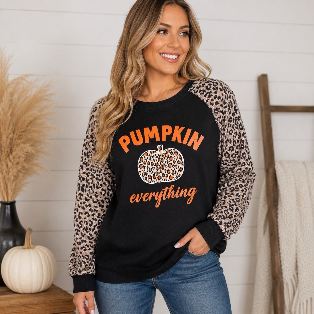 Women's Pumpkin Everything Sweatshirt Large Black Leopard Print Long Sleeve Fall